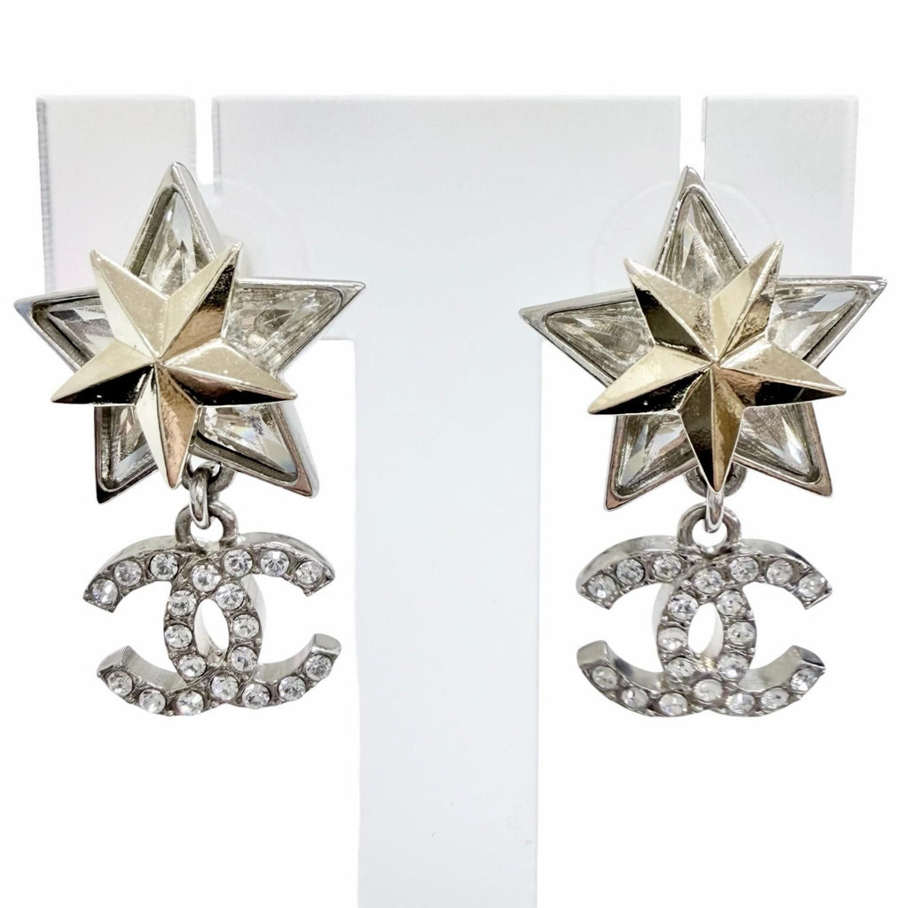 Chanel CC Logo Rhinestone Strass Star Crystal Swing Earrings Chien Pants Gold