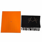 Hermes Cashmere Black Brown Ebony Leather Horsebit Logo Embroidery Reversible — view 2