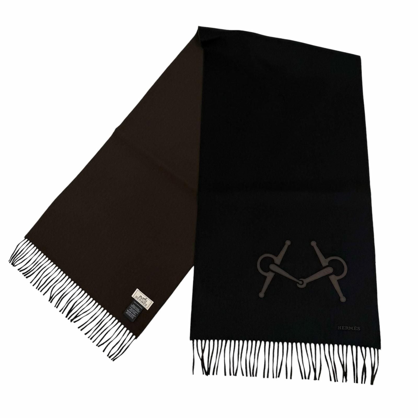 Hermes Cashmere Black Brown Ebony Leather Horsebit Logo Embroidery Reversible — view 4