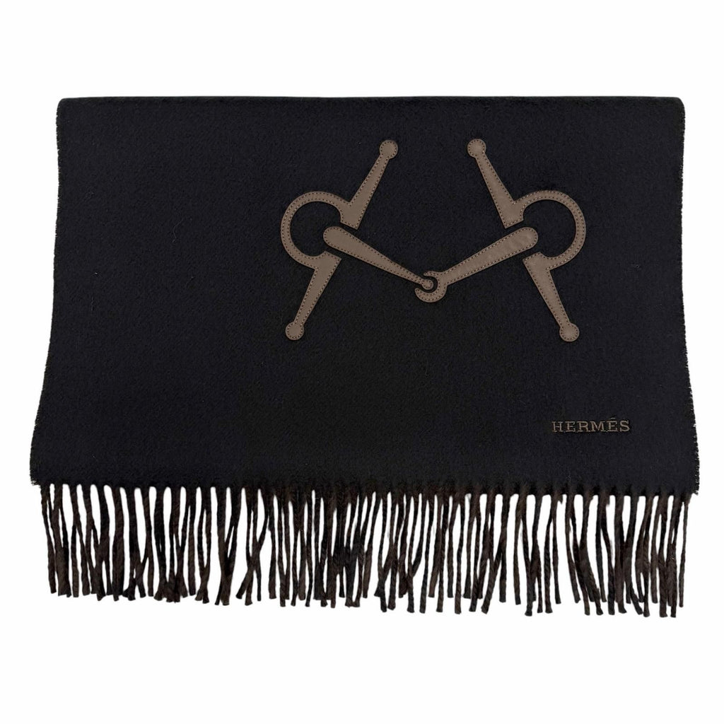 Hermes Cashmere Black Brown Ebony Leather Horsebit Logo Embroidery Reversible