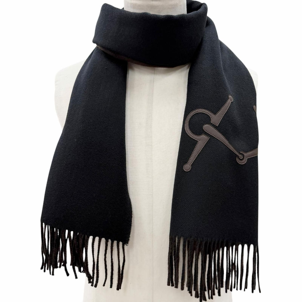 Hermes Cashmere Black Brown Ebony Leather Horsebit Logo Embroidery Reversible — view 3