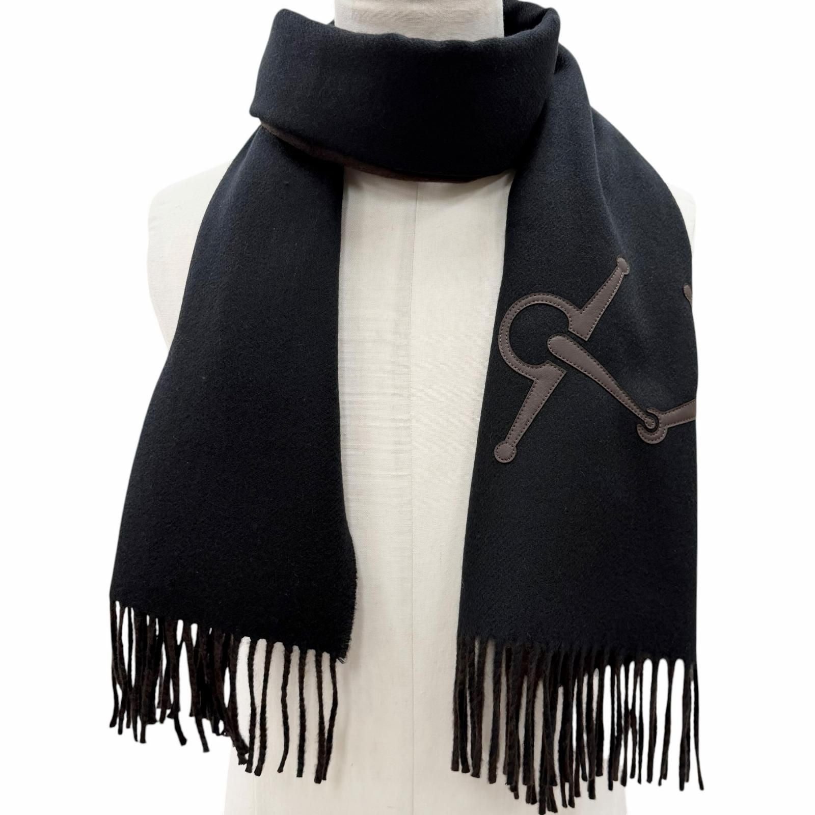 Hermes Cashmere Black Brown Ebony Leather Horsebit Logo Embroidery Reversible — view 3