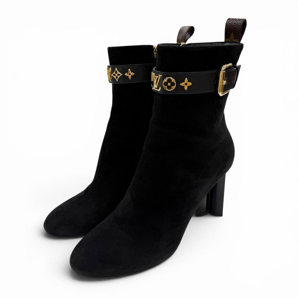 Louis Vuitton Silhouette Line Suede Leather Monogram Flower Heels LV Logo Short