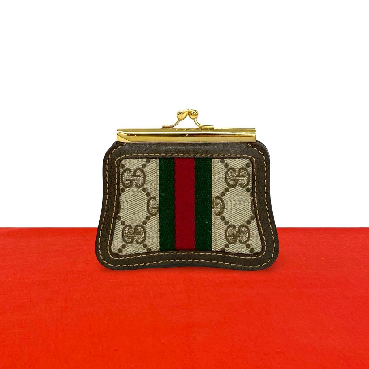 Gucci Vintage Sherry Line GG Logo Pattern Leather Kiss Lock Coin Purse Case
