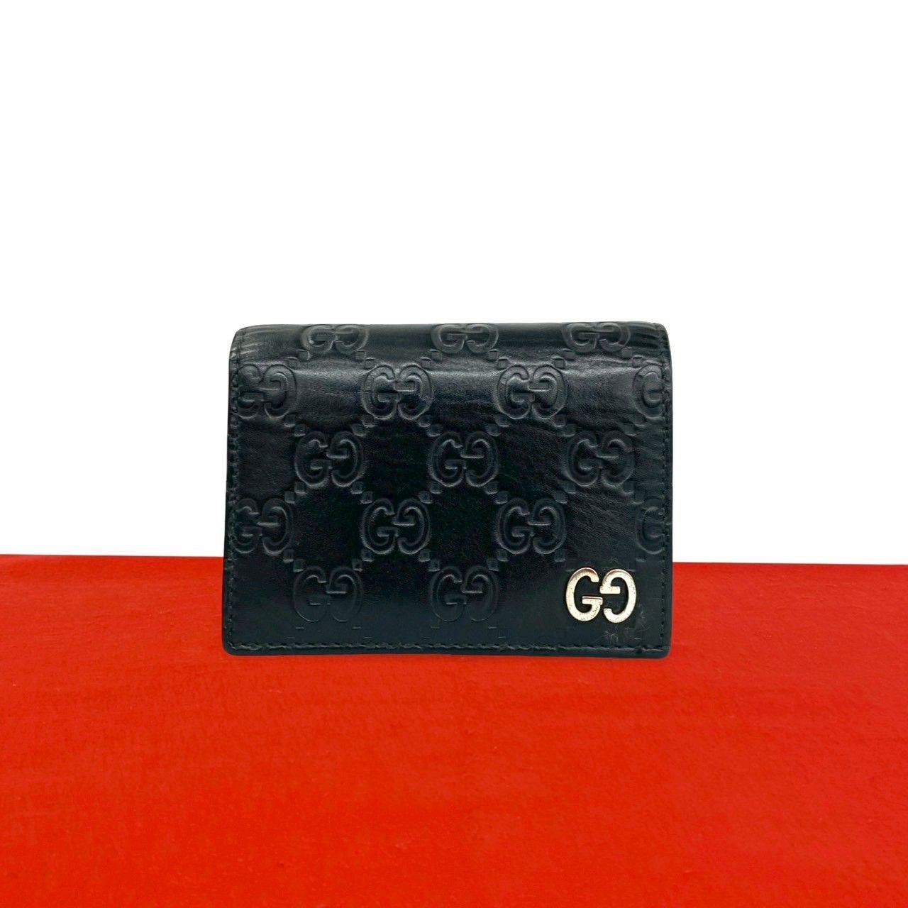 Gucci Box GG Logo Guccissima Leather Bifold Wallet Mini Card Case Black
