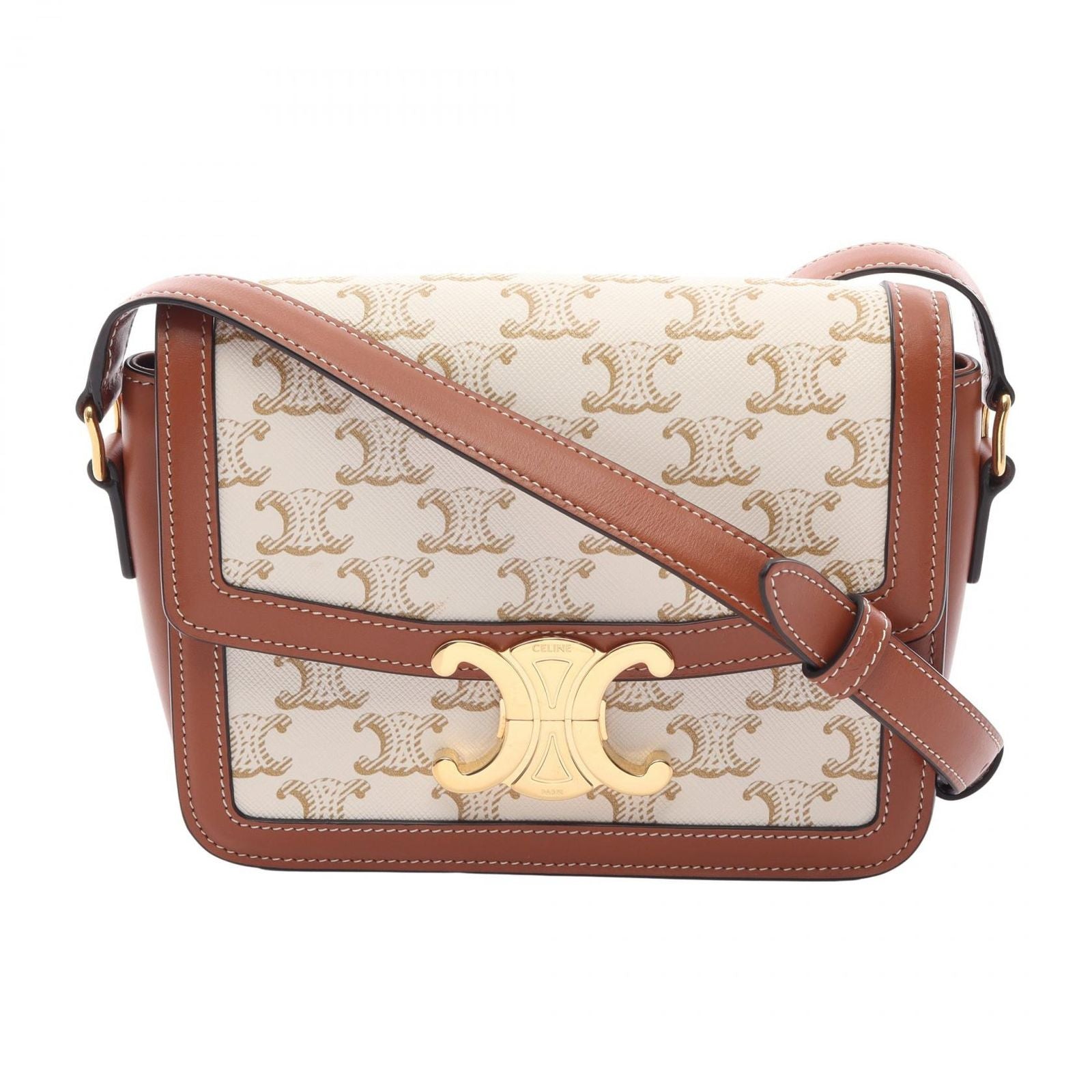 Celine Shoulder Bag Teen Triomphe Off White Brown Canvas Leather