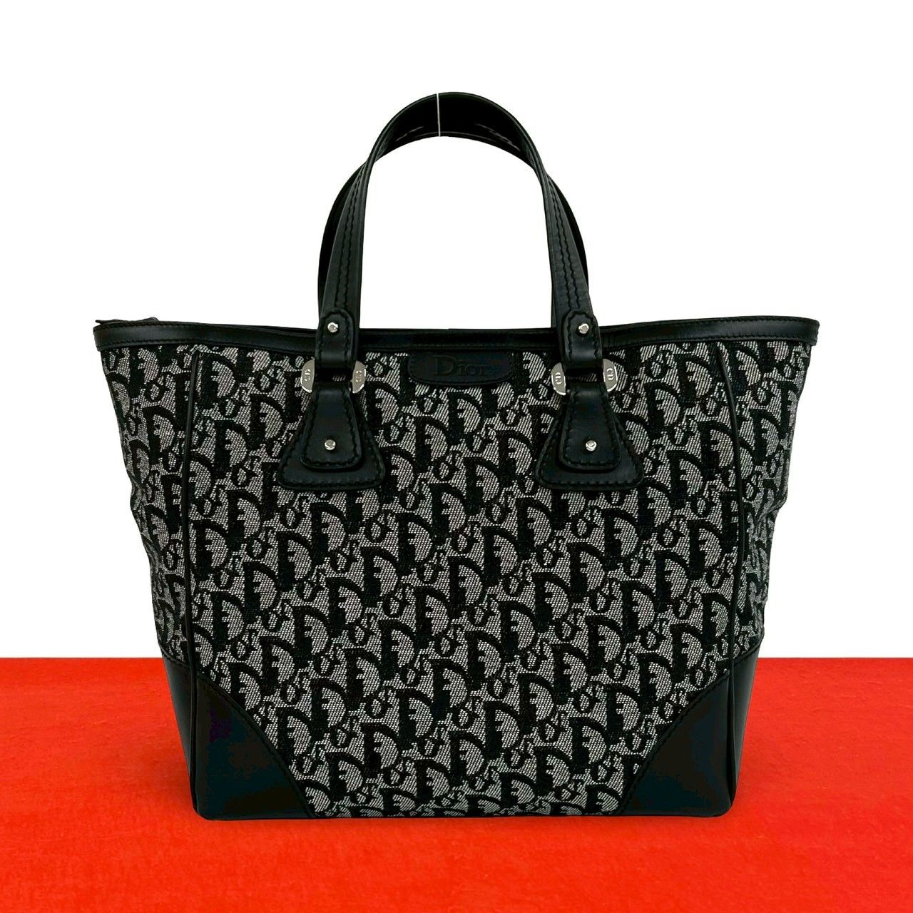 Dior Trotter Pattern Canvas Leather Tote Black
