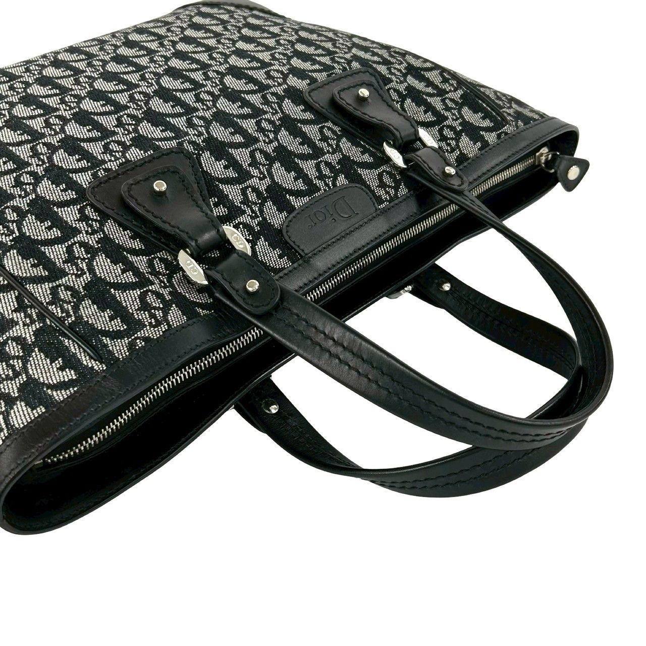 Dior Trotter Pattern Canvas Leather Tote Black — view 4