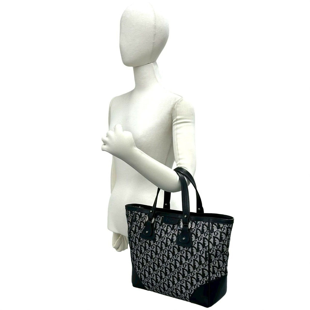 Dior Trotter Pattern Canvas Leather Tote Black — view 2
