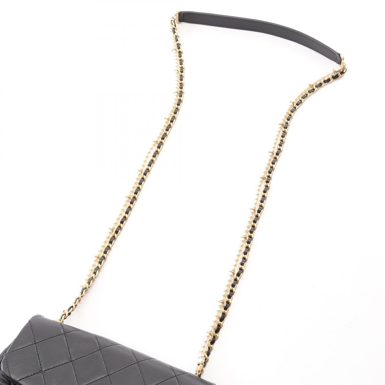 Chanel Shoulder Bag Quilted Black Lambskin Mini Pearl Chain — view 9