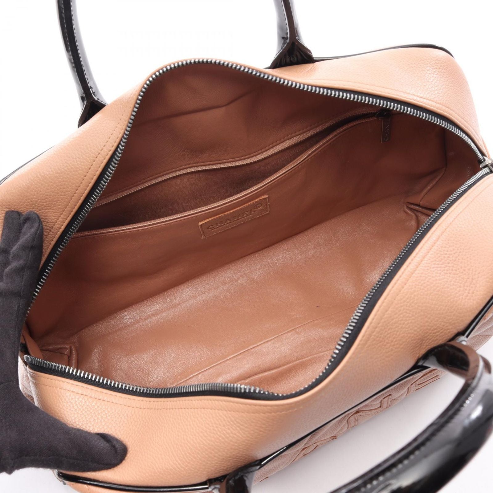 Chanel Tote Quilted Bowling Bag Brown Beige Black Caviar Leather — view 3