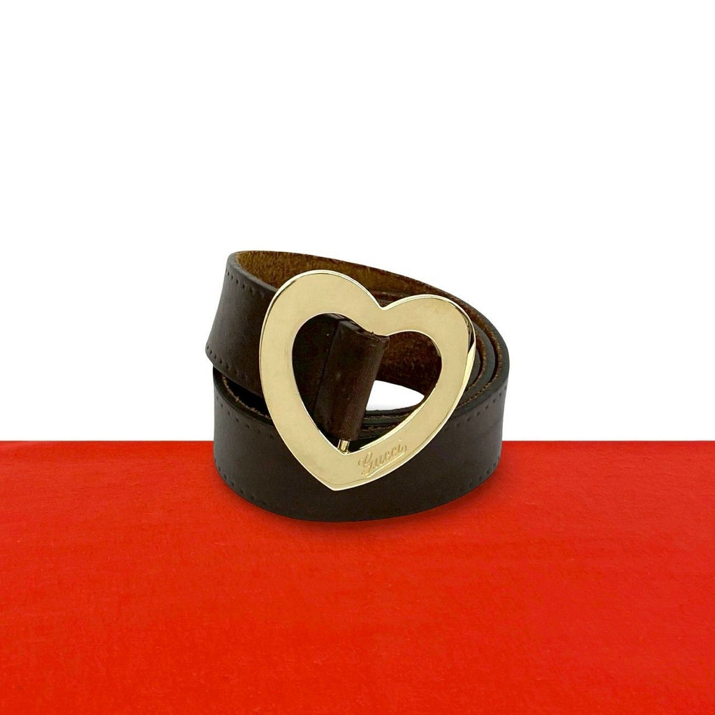 Gucci Heart Log Buckle Leather Belt Brown