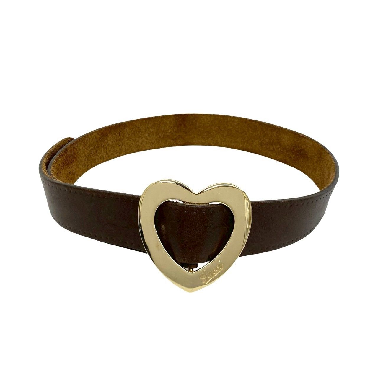 Gucci Heart Log Buckle Leather Belt Brown — view 2