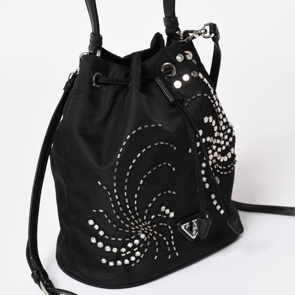 Prada Nylon Bag Hand Bag Handbag Rhinestone Triangle Logo Black — view 3