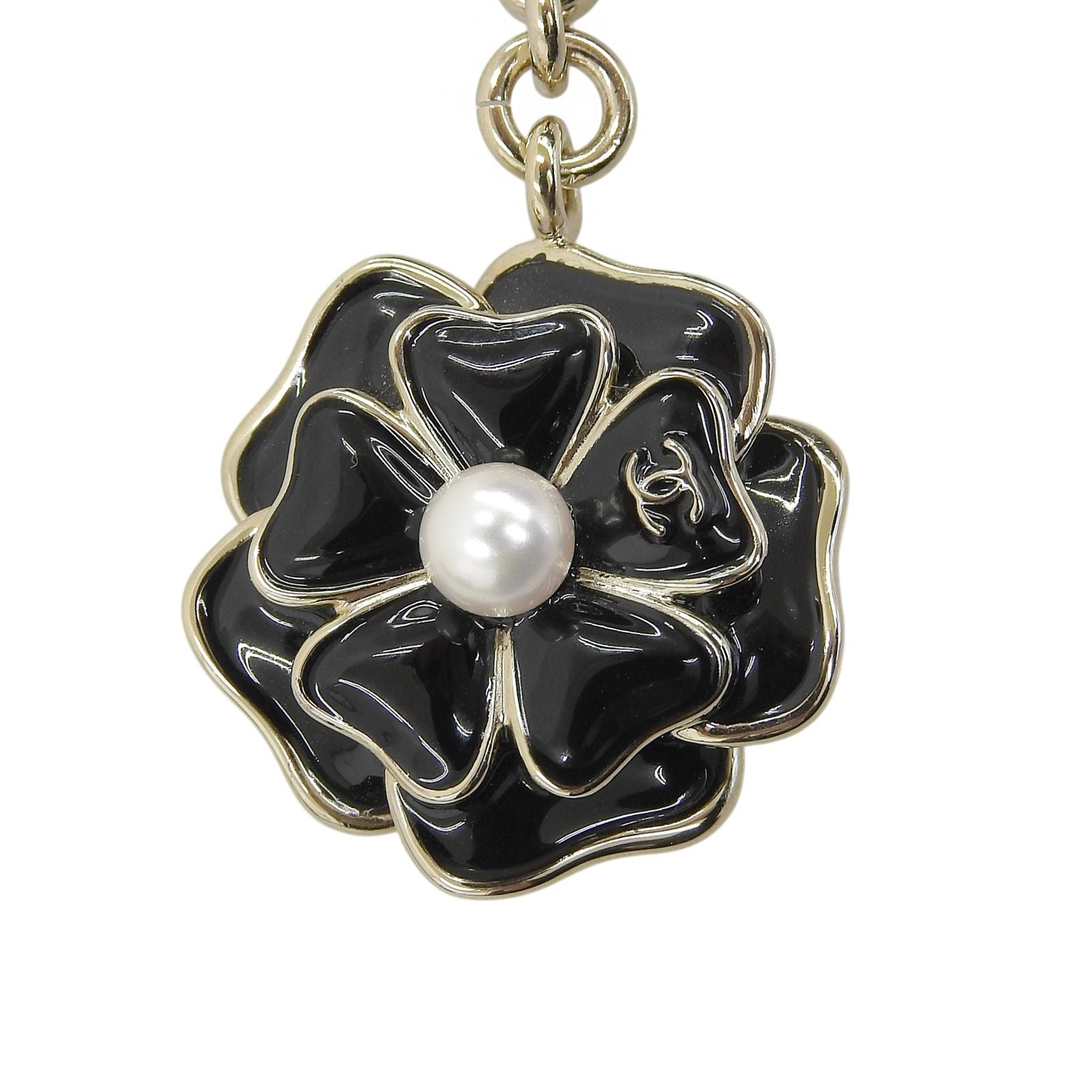 Chanel CC Logo Faux Pearl Camellia Key Holder Black Gold — view 5