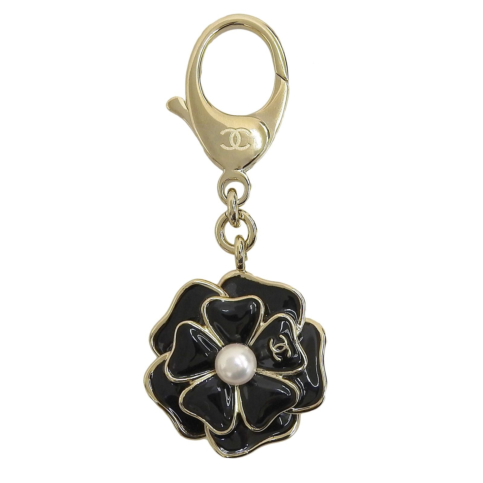 Chanel CC Logo Faux Pearl Camellia Key Holder Black Gold