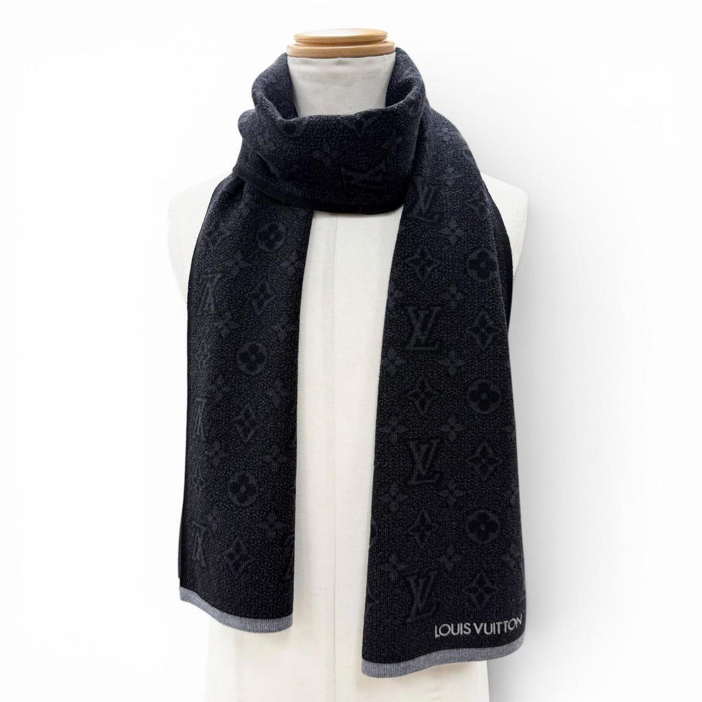 Louis Vuitton Echarpe My Monogram Eclipse Wool Logo Embroidery Scarf Black Gray — view 3