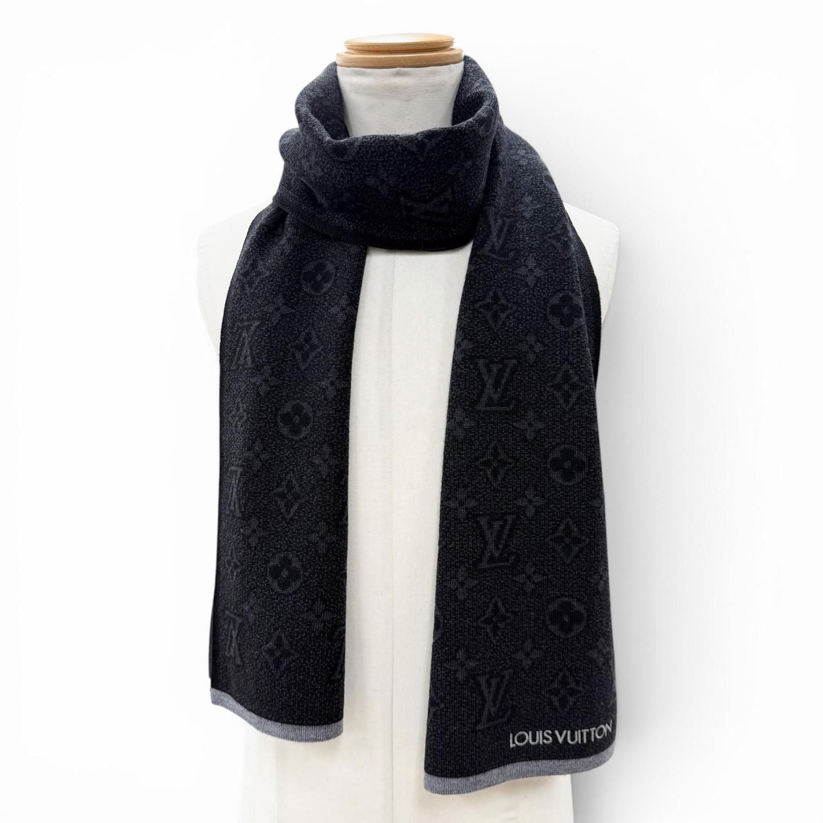 Louis Vuitton Echarpe My Monogram Eclipse Wool Logo Embroidery Scarf Black Gray — view 3