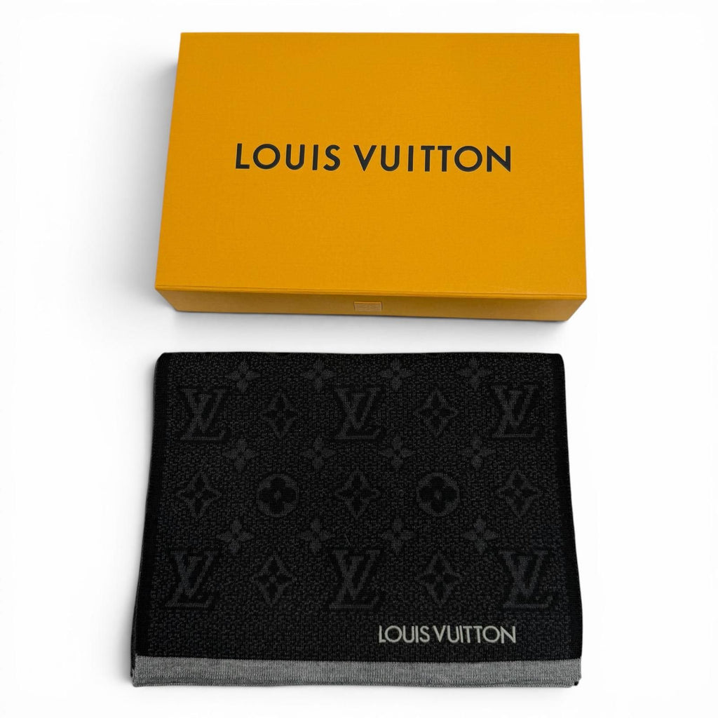 Louis Vuitton Echarpe My Monogram Eclipse Wool Logo Embroidery Scarf Black Gray — view 2