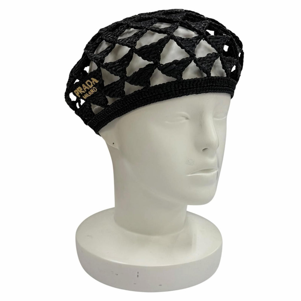 Prada Logo Crochet Beret Hat Black