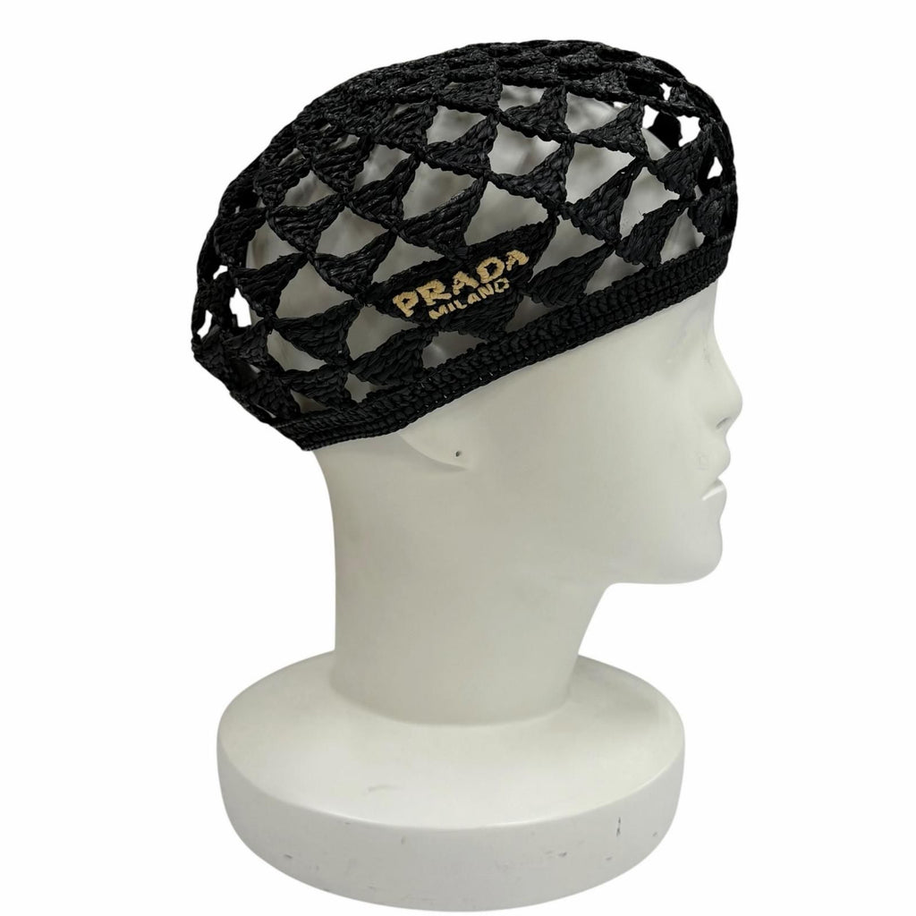 Prada Logo Crochet Beret Hat Black — view 3