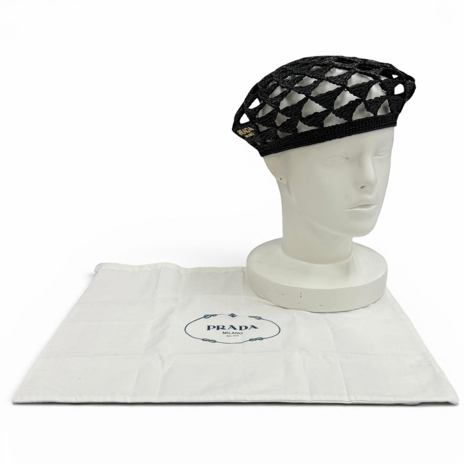 Prada Logo Crochet Beret Hat Black — view 2