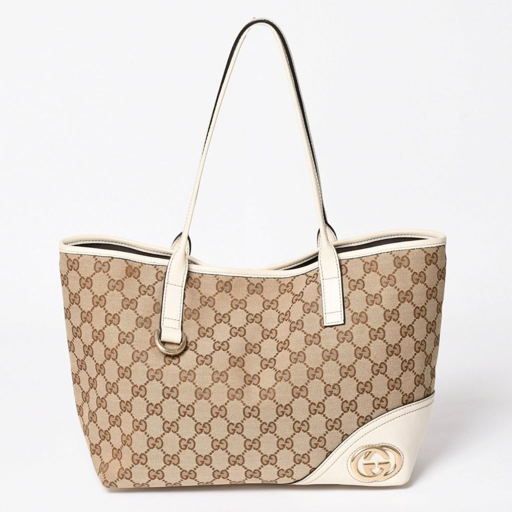 Gucci Tote Bag GG Canvas Leather Beige Brown Gold