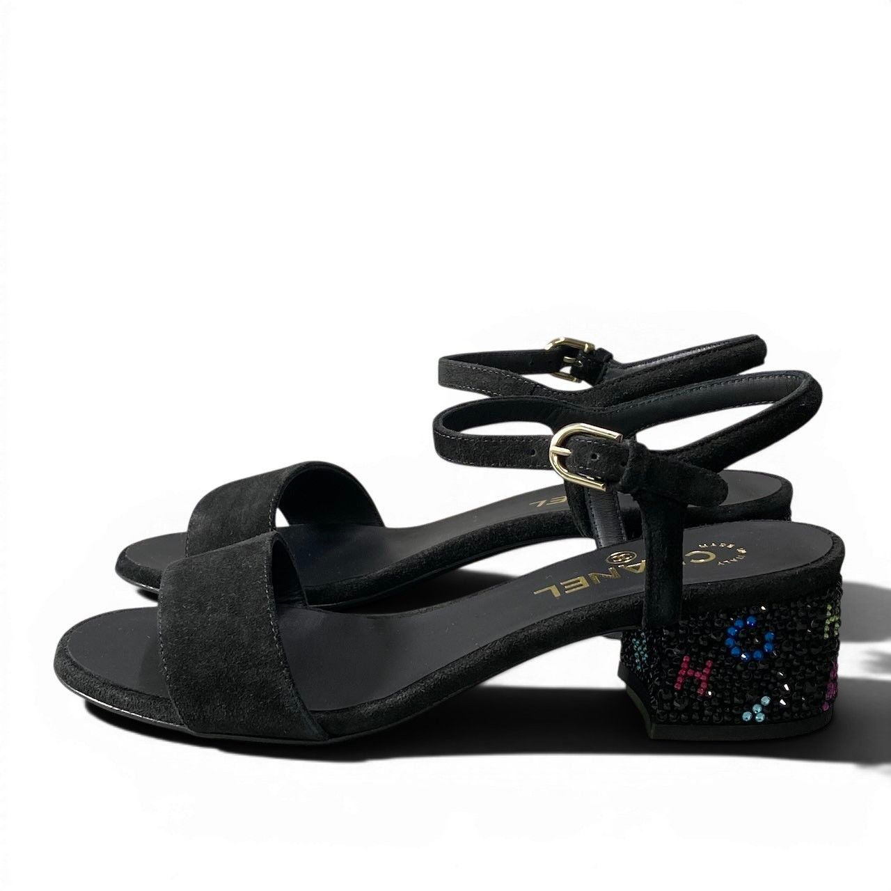 Chanel Kept Suede Sandals Rhinestone Logo 37.5 Black Leather — view 3