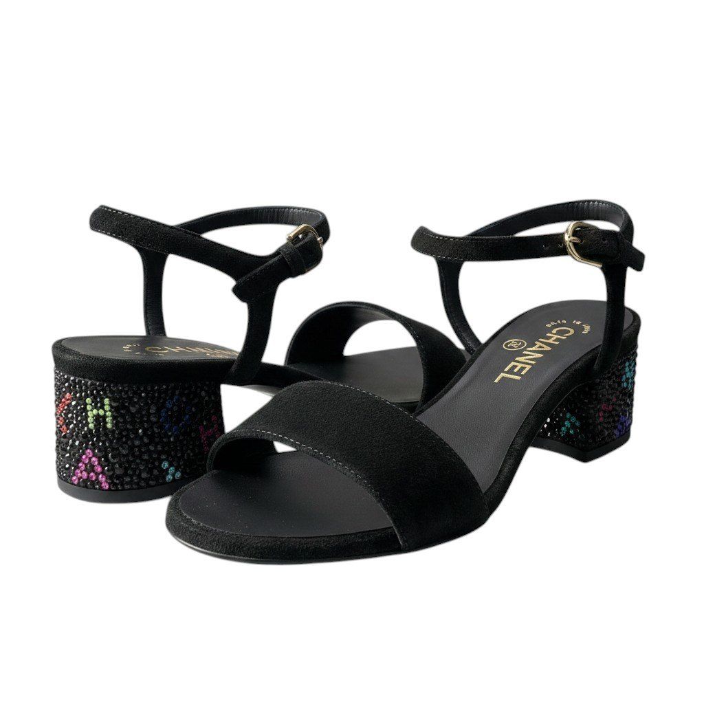 Chanel Kept Suede Sandals Rhinestone Logo 37.5 Black Leather