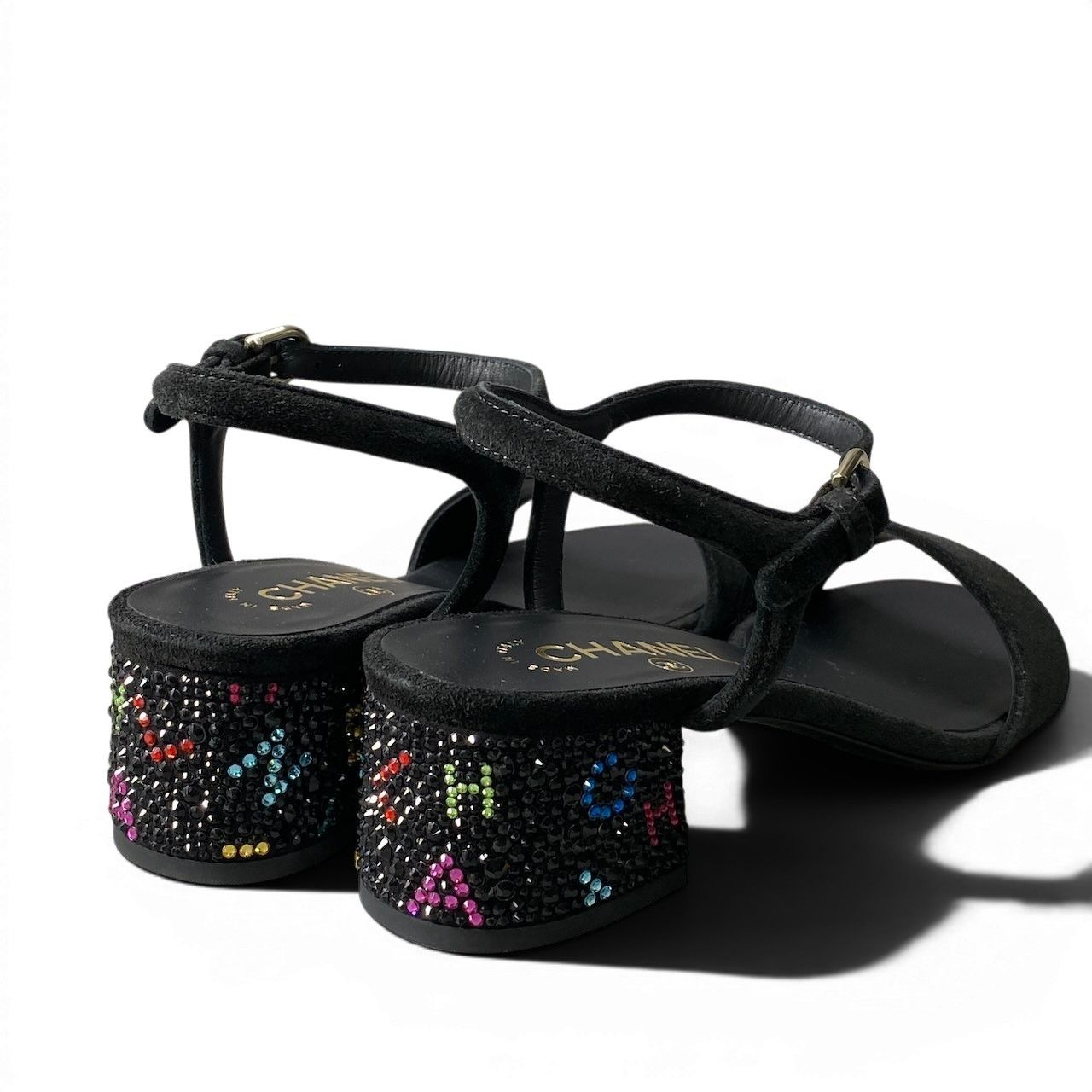 Chanel Kept Suede Sandals Rhinestone Logo 37.5 Black Leather — view 4