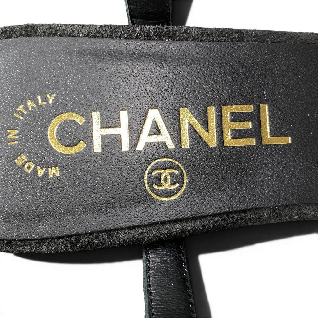 Chanel Kept Suede Sandals Rhinestone Logo 37.5 Black Leather — view 9