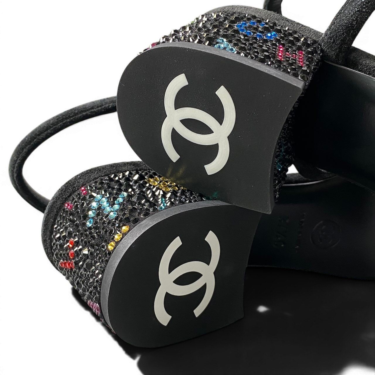 Chanel Kept Suede Sandals Rhinestone Logo 37.5 Black Leather — view 7