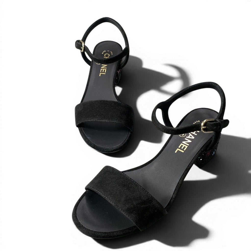 Chanel Kept Suede Sandals Rhinestone Logo 37.5 Black Leather — view 2