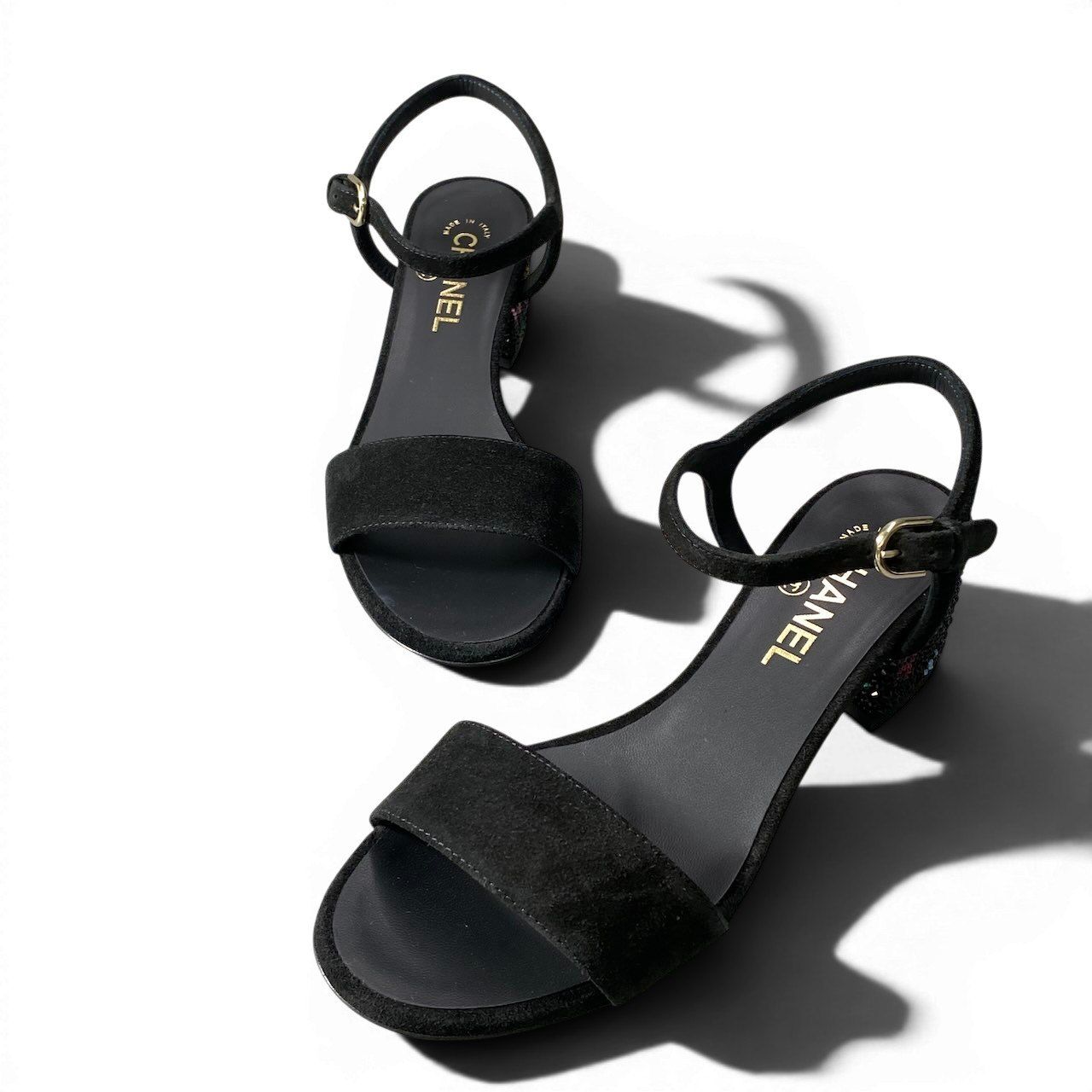 Chanel Kept Suede Sandals Rhinestone Logo 37.5 Black Leather — view 2