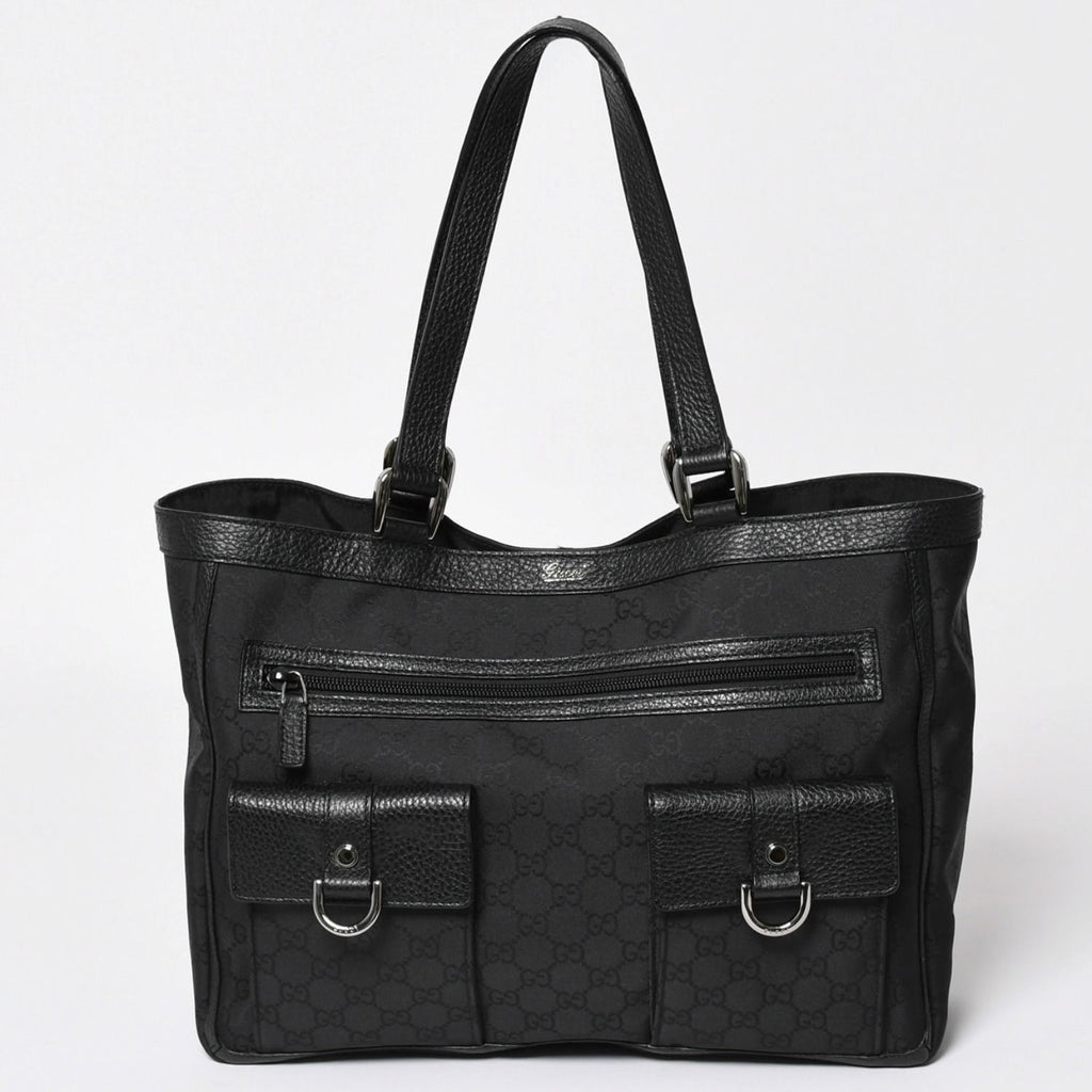 Gucci Abbey GG Nylon Canvas Pocket Tote Bag Black Silver