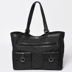 Gucci Abbey GG Nylon Canvas Pocket Tote Bag Black Silver