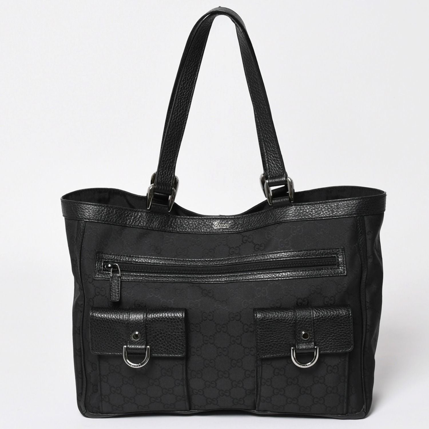 Gucci Abbey GG Nylon Canvas Pocket Tote Bag Black Silver