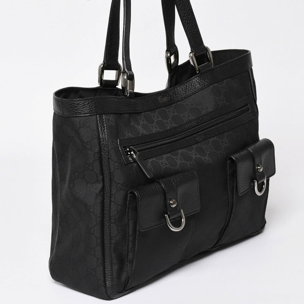 Gucci Abbey GG Nylon Canvas Pocket Tote Bag Black Silver — view 3