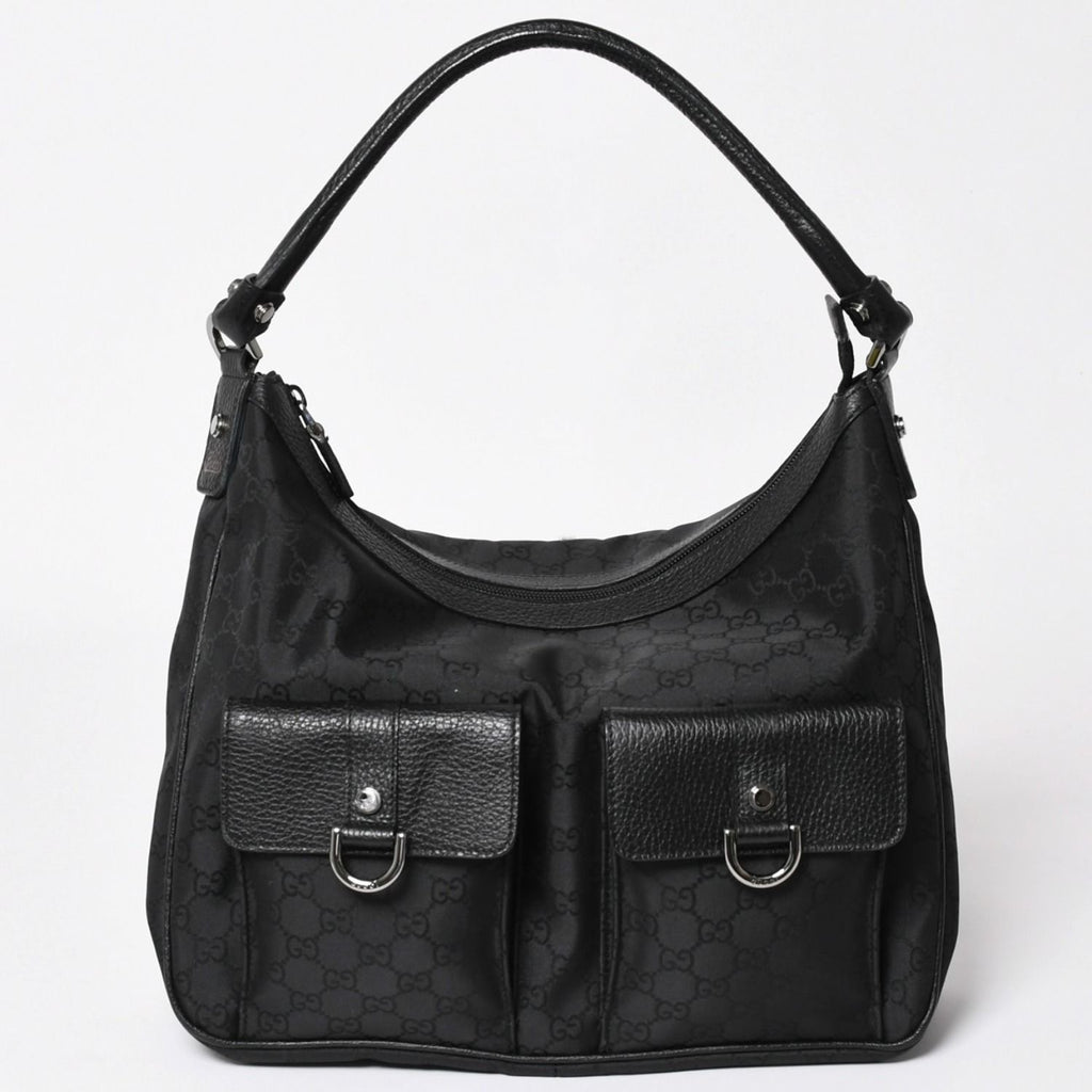 Gucci Hobo Handbag GG Canvas Leather Black Silver