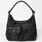 Gucci Hobo Handbag GG Canvas Leather Black Silver