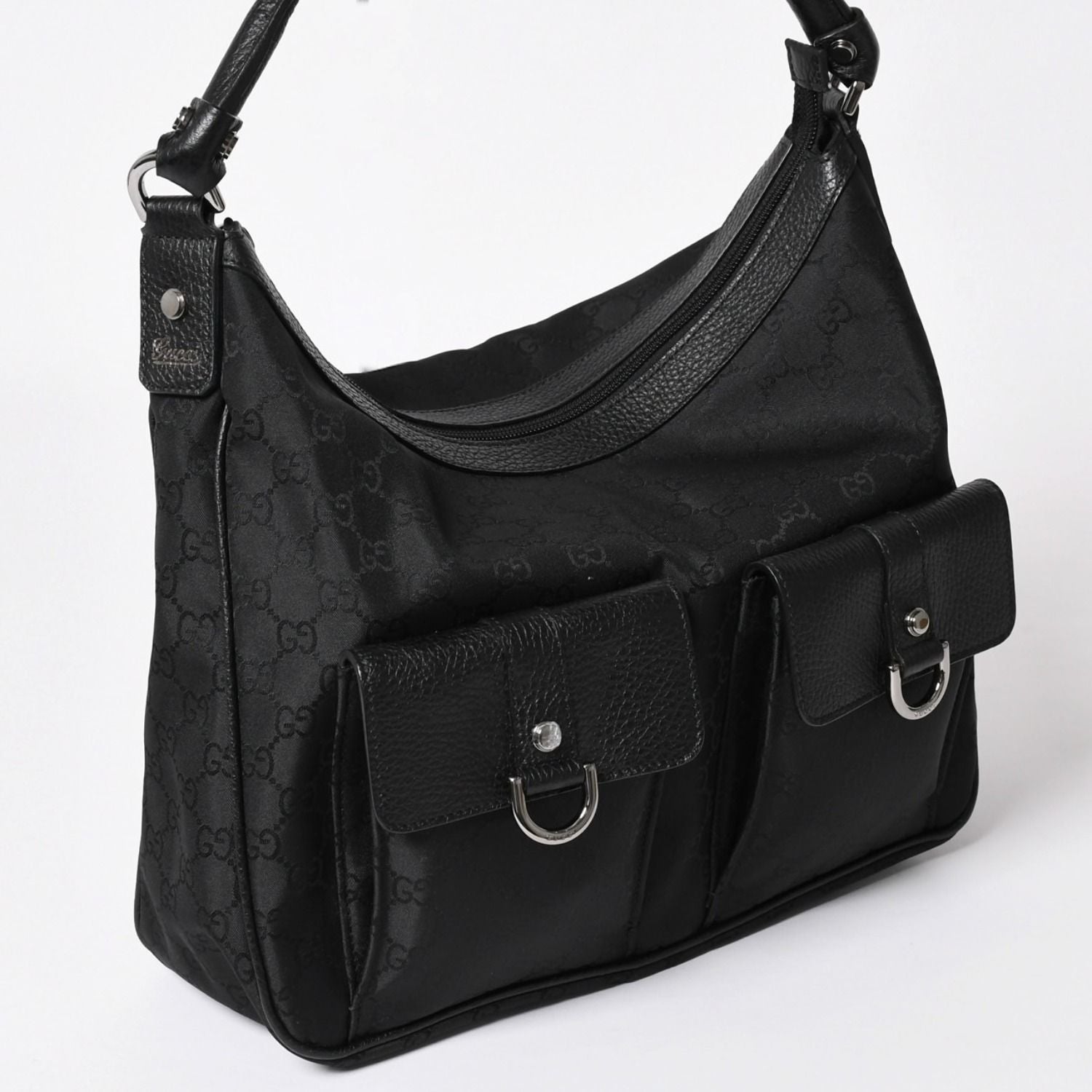 Gucci Hobo Handbag GG Canvas Leather Black Silver — view 3
