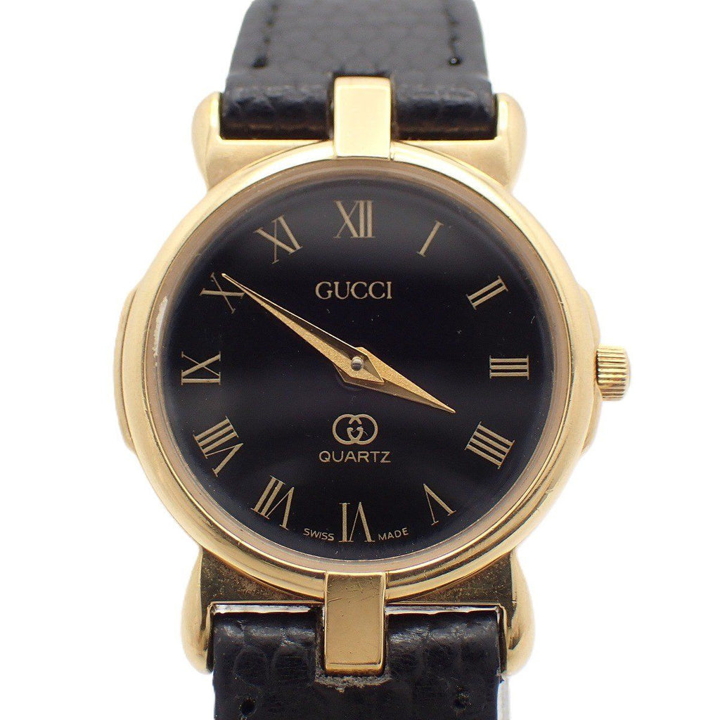 Gucci Quartz Watch Gold Black Dial Leather Strap