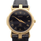 Gucci Quartz Watch Gold Black Dial Leather Strap