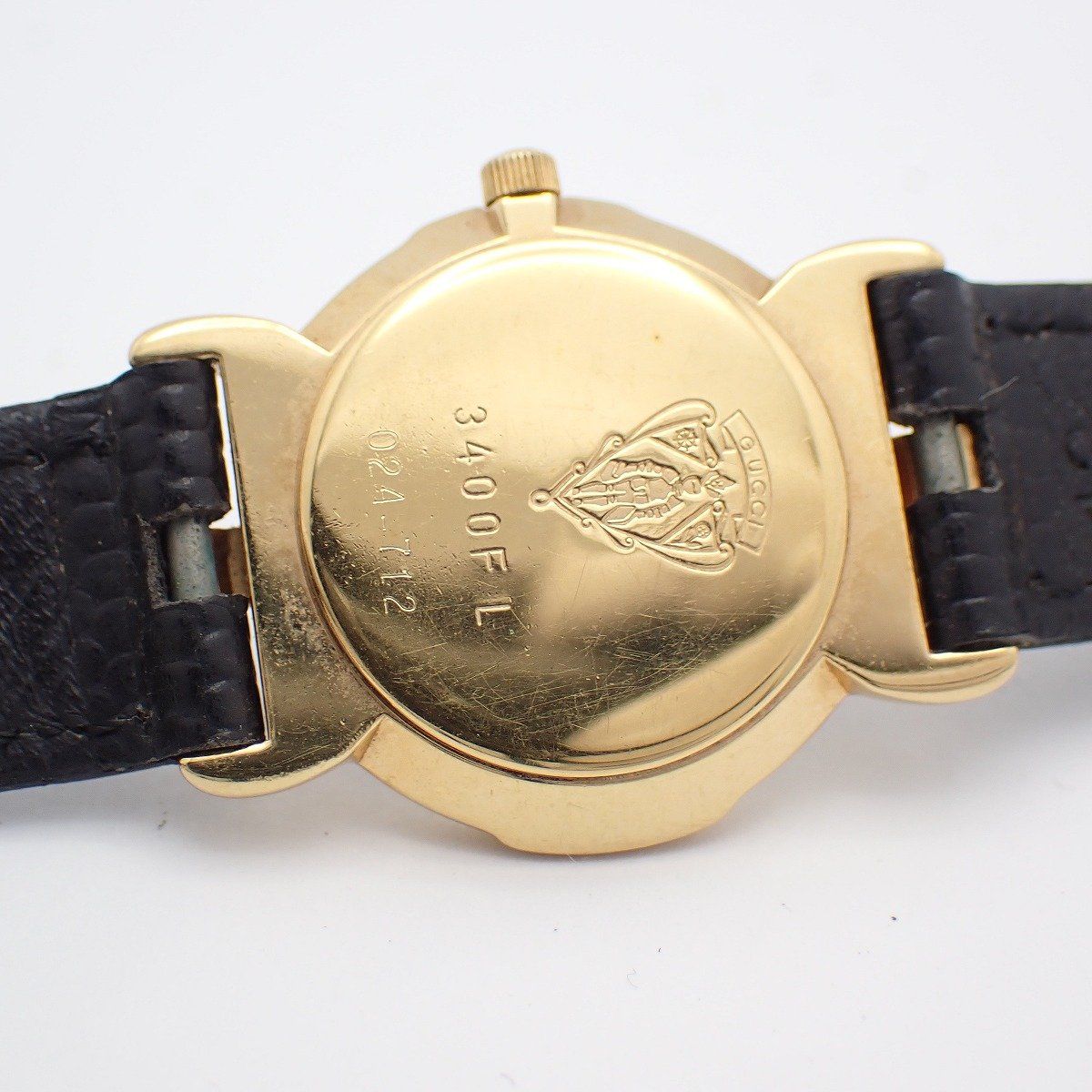 Gucci Quartz Watch Gold Black Dial Leather Strap — view 9