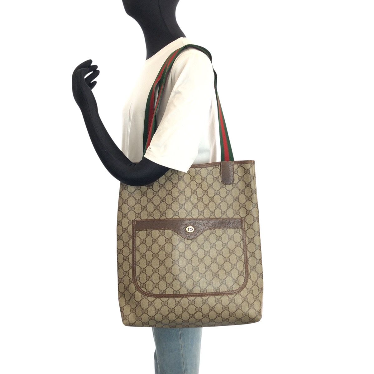 Gucci Vintage Sherry Line Beige Brown GG Supreme Canvas Leather Tote Shoulder — view 6