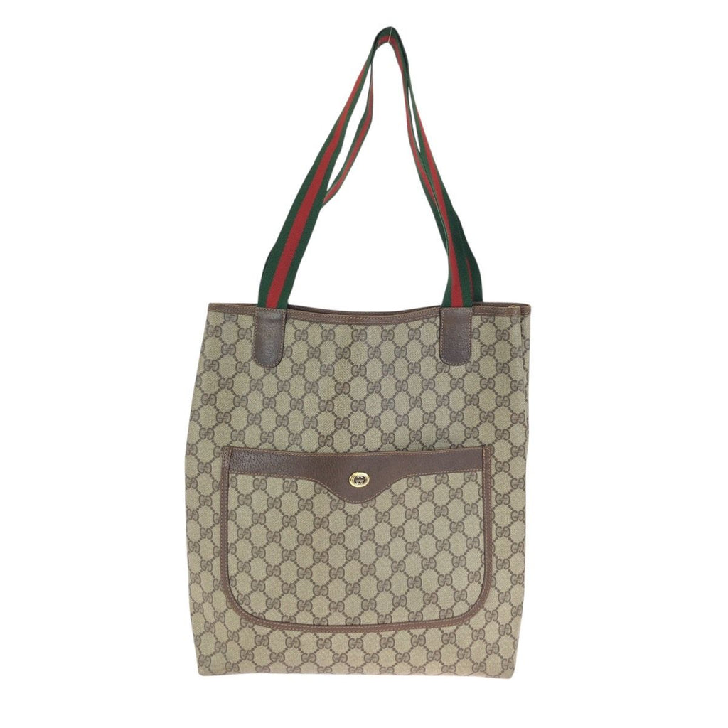 Gucci Vintage Sherry Line Beige Brown GG Supreme Canvas Leather Tote Shoulder