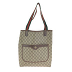 Gucci Vintage Sherry Line Beige Brown GG Supreme Canvas Leather Tote Shoulder