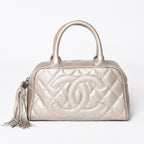 Chanel Quilted CC Logo Mini Boston Bag Caviar Leather Blanc Style Gold Silver