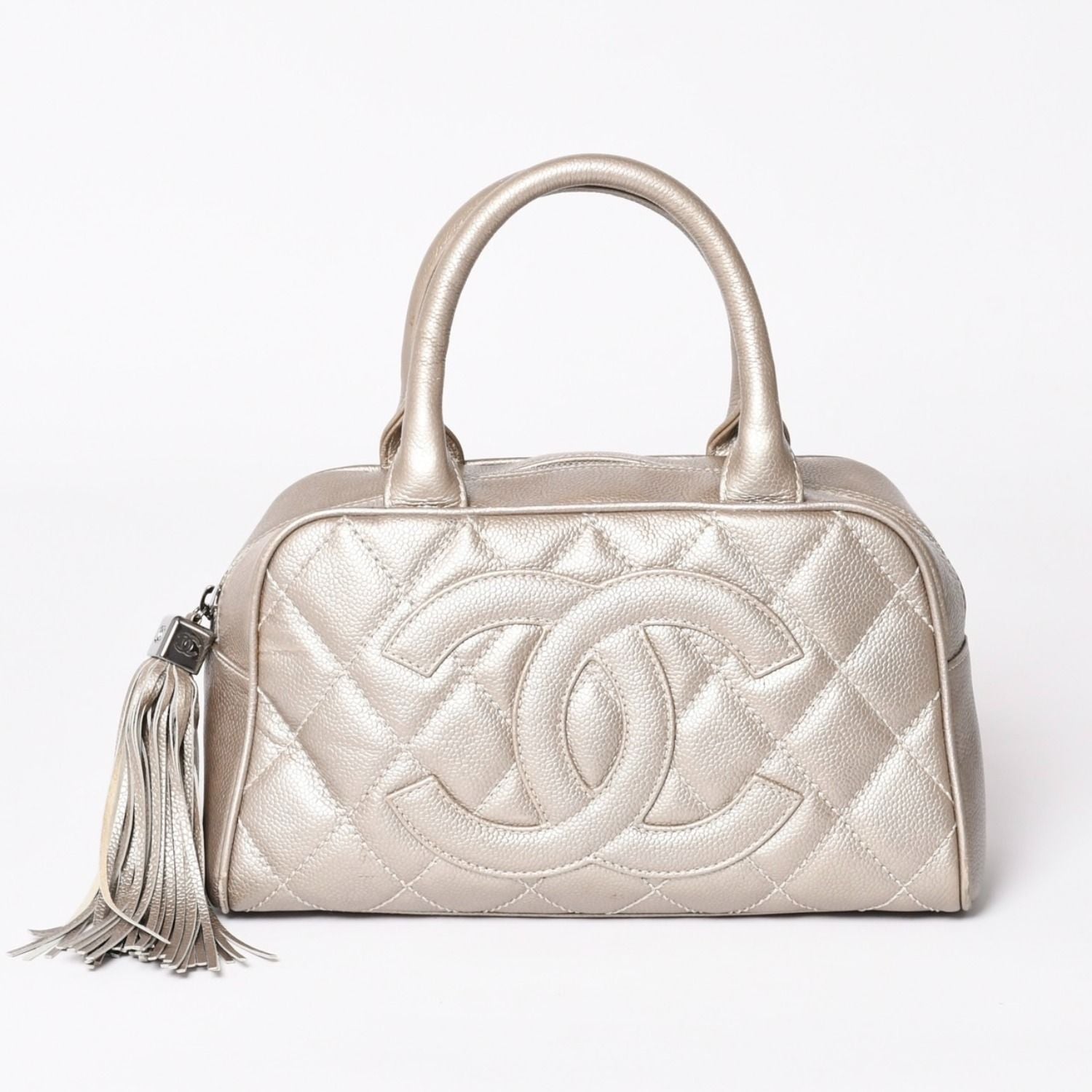 Chanel Quilted CC Logo Mini Boston Bag Caviar Leather Blanc Style Gold Silver