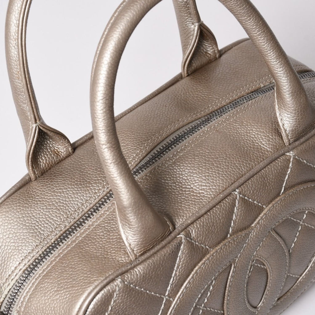 Chanel Quilted CC Logo Mini Boston Bag Caviar Leather Blanc Style Gold Silver — view 8